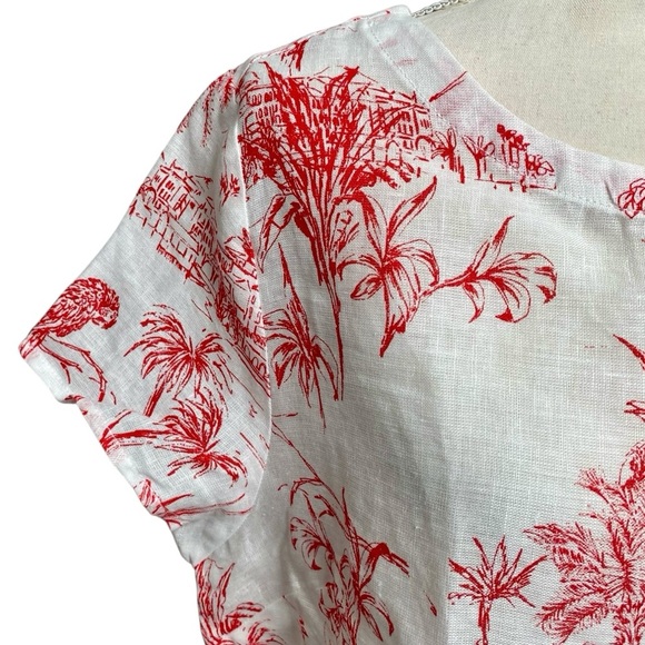 Joie Linen Blouse Coral Red Tropical Print Boatneck Short Sleeve Top Size 1X - Picture 2 of 12